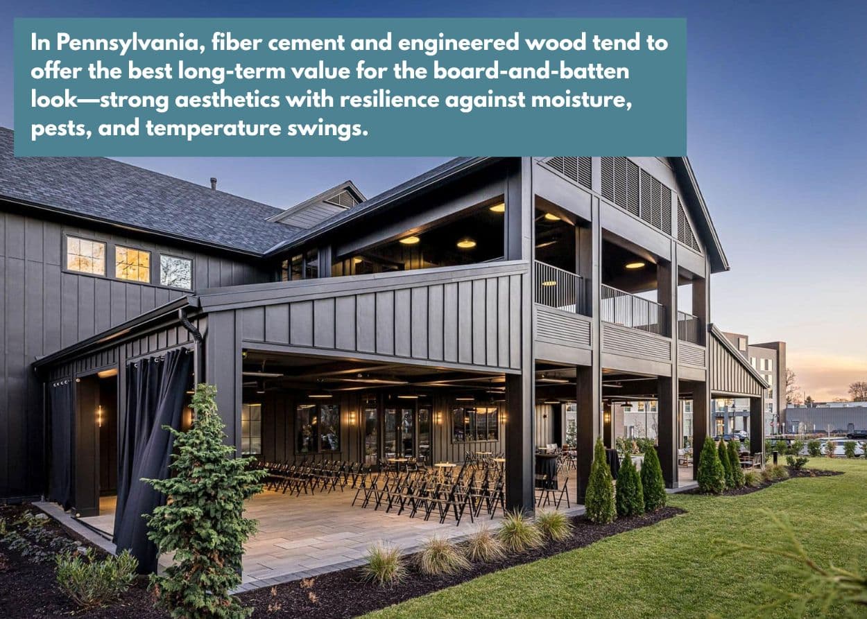 Large modern farmhouse-style building with black board and batten siding, covered outdoor seating area, and landscaped lawn at dusk. Caption: In Pennsylvania, fiber cement and engineered wood tend to offer the best long-term value for the board-and-batten look—strong aesthetics with resilience against moisture, pests, and temperature swings.
