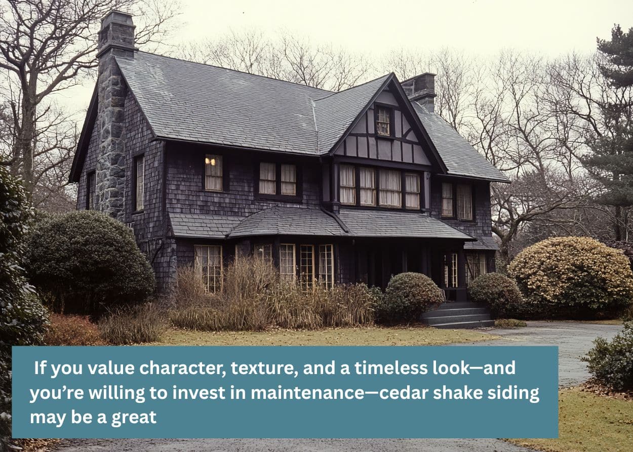 Home with cedar shake siding showcasing a timeless, classic exterior design. Caption: If you value character, texture, and a timeless look—and you’re willing to invest in maintenance—cedar shake siding may be a great fit.