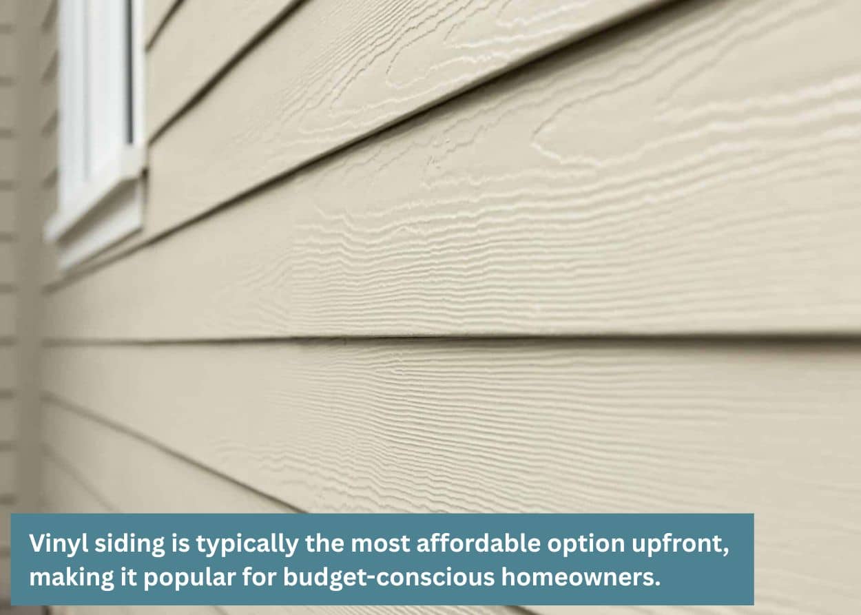 Close-up of cedar shake siding illustrating the pros and cons of natural wood exteriors. Caption: Vinyl siding is typically the most affordable option upfront, making it popular for budget-conscious homeowners.