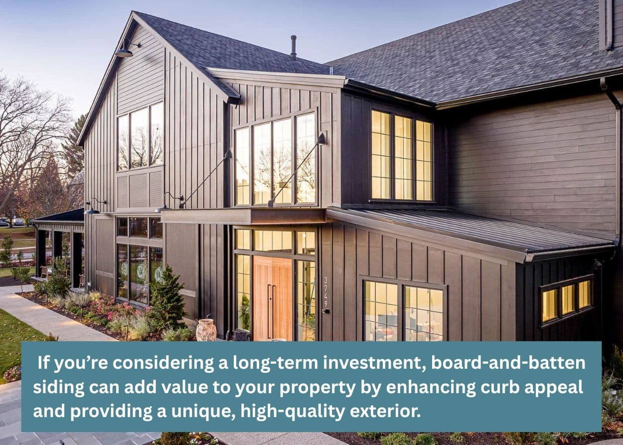 Modern home exterior featuring dark board-and-batten siding with large windows and clean landscaping.
