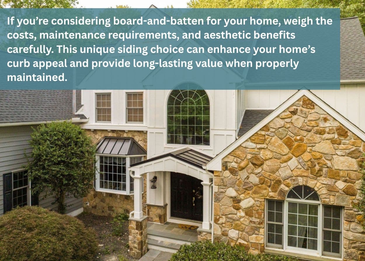 Traditional home with white board-and-batten siding and stone accents on the front exterior.