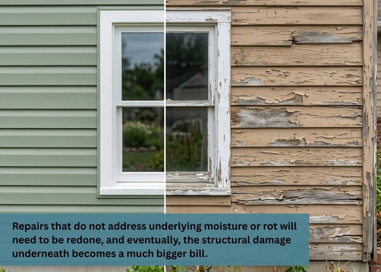 Side-by-side comparison of new and deteriorated siding for evaluating siding replacement vs. siding repair.