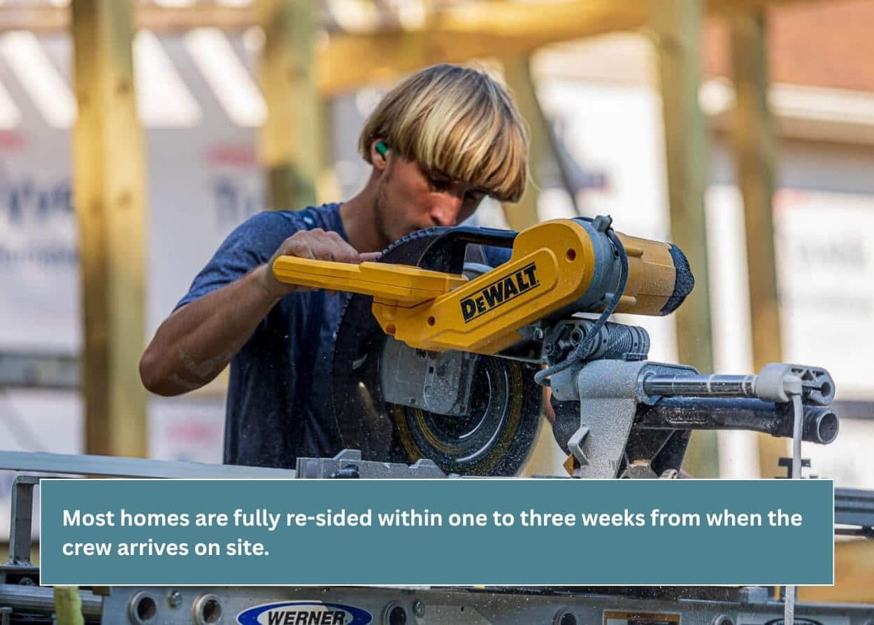 Contractor cutting materials during a home siding exterior remodel