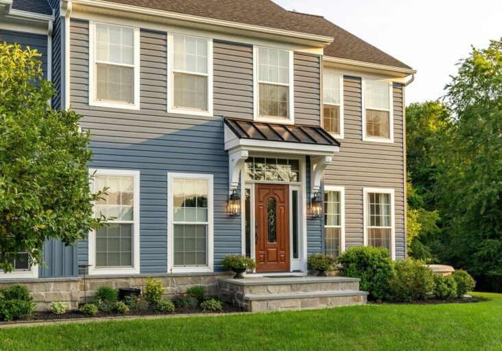 Professional installation of blue exterior siding and a stone base for a two-story home in Coatesville, PA.